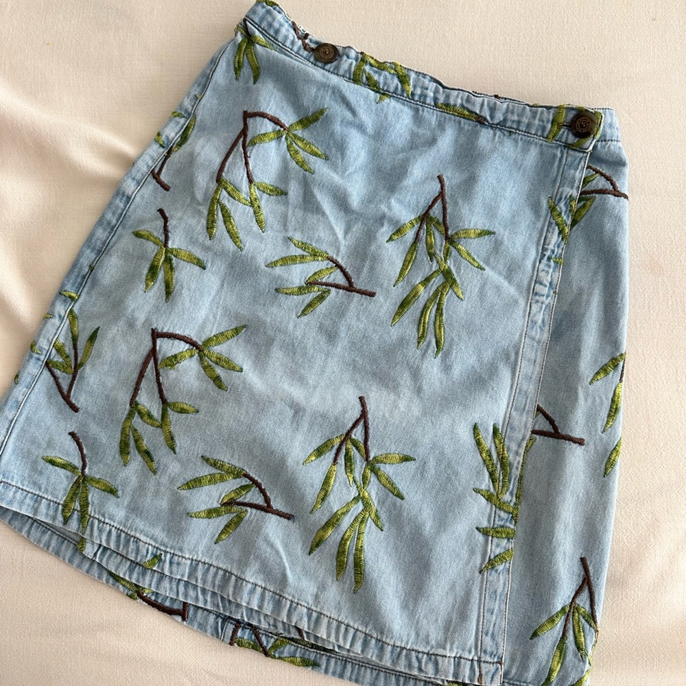 Vintage Embroidered Leaf Denim Skirt